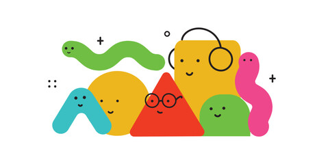 Cute cartoon geometric figures with different face emotions, funny poster idea for kids. Colorful characters with textures, trendy vector illustrations, basic various figures