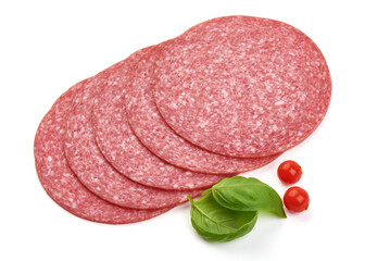 Sliced Salami sausage, with basil leaves. Isolated on white background.