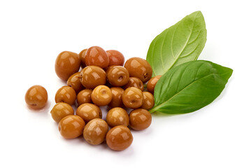 Pickled Arbequina Olives, top view, isolated on white background.