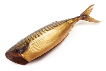 Cold smoked mackerel, close-up, isolated on white background.