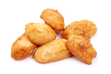 Glazed almond nuts, isolated on white background.