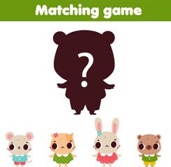 Shadow matching game for children. Kids activity with cute animals. Learning page for toddlers