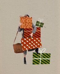 Contemporary art collage. Young woman holding many holiday presents, boxes in wrapping paper. Gifts