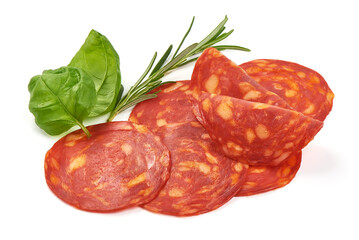 Spanish pork chorizo sausage slices, close-up, isolated on white background