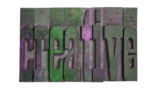 Isolated vintage wood block type text spelling creative - Powered by Adobe