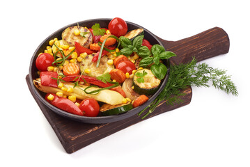 Grilled vegetables ( colorful bell pepper, corn, zucchini, eggplant, onion ) on black Cast iron pan.