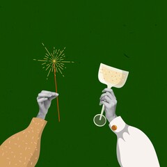 Contemporary art collage. Creative design. Female hands holding christmas light and champagne over green background
