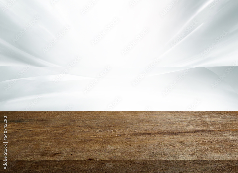 Poster wood table top and blur with gray gradient background. for montage product display or design key vis