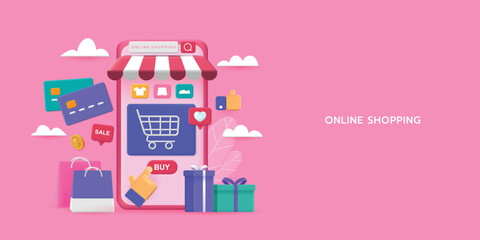 Online shopping concept on website E-commerce, applications on smartphone. Marketing and digital marketing with icon digital store. 3d Vector EPS10.