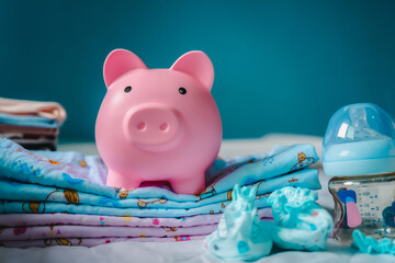 concept of Pregnancy family planning budget. Cost of having a child., piggy bank and nursery decor...