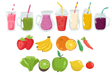 Drinks with fresh fruits, smoothie berries.Juices with pieces strawberry,blueberry and mango.Healthy detox. Set jars with tasty smoothies for hot season.Bright template for design. Vector illustration