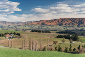 Magnificent view of mountain range  from Geraldine Fairlie Lookout point on Highway 79, Canterbury, New Zealand South Island.
