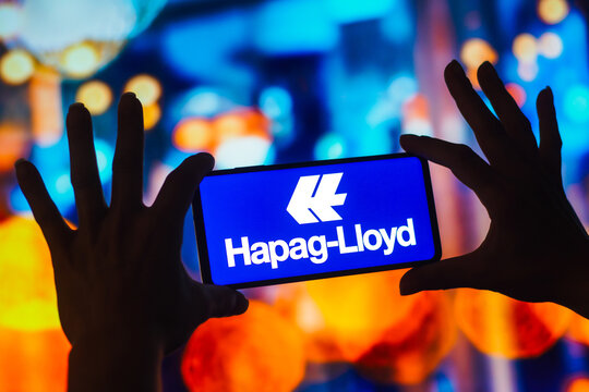 October 24, 2022, Brazil. In this photo illustration, the Hapag-Lloyd logo is displayed on a smartphone screen.