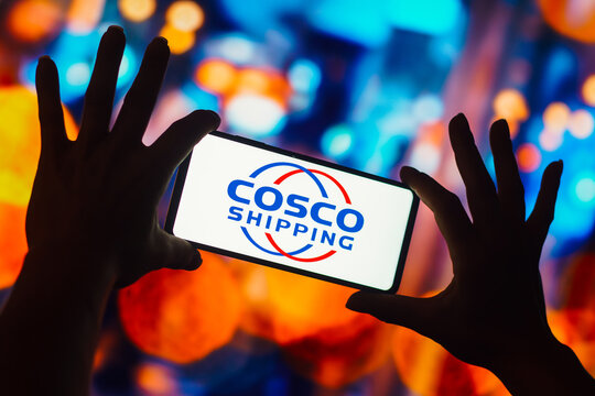 October 24, 2022, Brazil. In this photo illustration, the China Ocean Shipping Company (COSCO Shipping) logo is displayed on a smartphone screen.