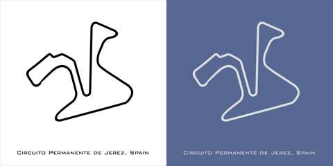Circuito Permanente de Jerez circuit for formula one F1, motorsport, GP, autosport and season grand prix race tracks. Vector on white and blue background. San Sebastián de los Reyes, Spain 