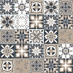 Azulejo traditional spanish pottery, square Azulejo tiles vector illustration decorative seamless pattern