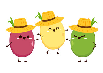 Bean character design. Kidney bean, Soybean and Mung Bean character design. Bean cartoon in farmer hat.