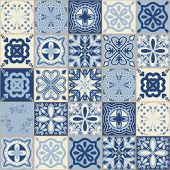 Azulejo blue spanish portuguese style ceramic tiles, vintage symmetrical pattern for wall decoration, vector illustration for design