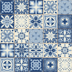 Azulejo blue spanish style ceramic tiles, vintage symmetrical pattern for wall decoration, vector illustration for design