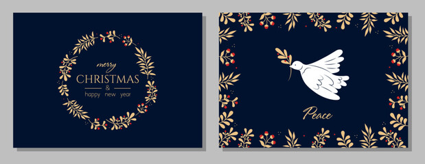 Set of christmas and happy new year greeting cards. Modern creative universal artistic templates with Dove, floral ornament and frames. Vector illustration.