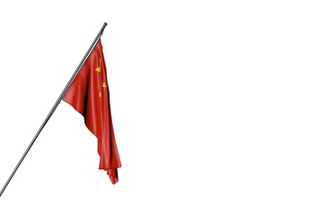wonderful China flag hangs on a in corner pole isolated on white - any feast flag 3d illustration..