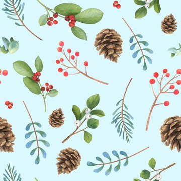 Seamless pattern with winter plants and berries: spruce branch, pine cone, mistletoe, cranberry. Hand drawn watercolor illustration. Image for textiles, wallpapers, natural decor.