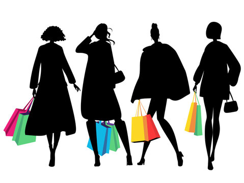 Women silhouettes with shopping bags in their hands, girls in coats walking.