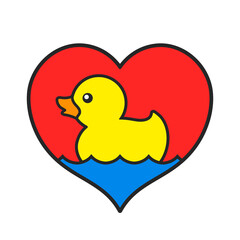 Cute rubber duck with valentine heart - vector