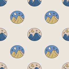 Night mountain landscape vector seamless pattern. Cute repeat background for textile, design, fabric, cover etc.