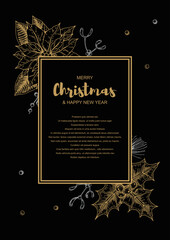 Merry Christmas and Happy New Year vertical frame with hand drawn golden poinsettia and holly berries. Vector illustration in sketch style