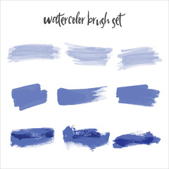 Set of watercolor blue color brush strokes of various colors isolated on white background.