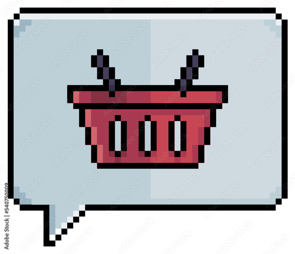 Poster pixel art speech bubble with shopping basket icon vector icon for 8bit game on white background
