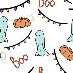 Halloween vector seamless pattern. Pumpkins, ghosts and Halloween decorations.