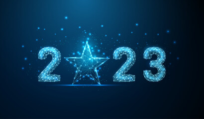 Abstract Happy 2023 New Year greeting card with blue star