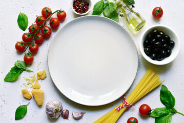 Culinary background with ingredients of italian cuisine. Top view with copy space.