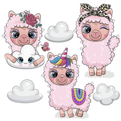 Set of Cute Cartoon Pink Lama
