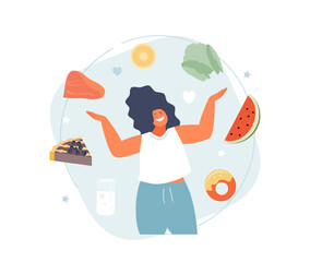 Healthy girl chooses her favorite food. Intuitive eating mindful food consumption vector concept - obrazy, fototapety, plakaty