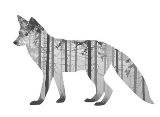 Fox silhouette with forest inside, vector illustration, isolated object	