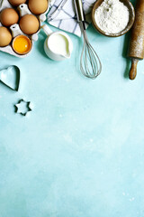 Culinary background with ingredients for baking. Top view with copy space.