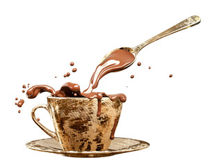 Splash of hot melted chocolate sauce or syrup, cocoa drink in golden luxury cup with spoon 3d rendering