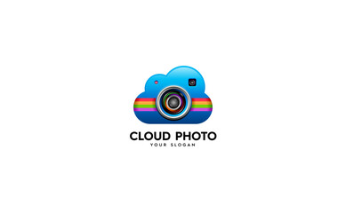 Cloud photo illustration. Logo concept with blue iconic sky and camera lens. Modern vector design.