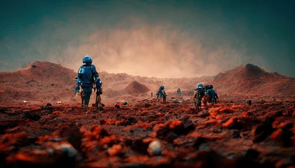 Deurstickers Mannen op mars. Expeditie op een buitenaardse planeet, kolonisatie. © DigitalGenetics