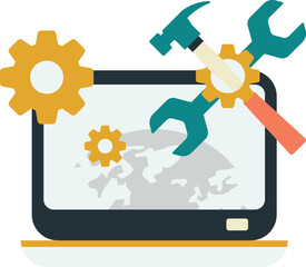 laptop and cogs illustration in minimal style