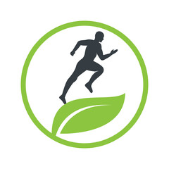 Green leaf runner logo concept design. Physiotherapy treatment concept vector design.
