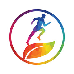 Green leaf runner logo concept design. Physiotherapy treatment concept vector design.