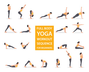 Woman Yoga full body workout isolated on the white background. Yoga sequence for beginners. Fitness, aerobic, and pilates set. Vector Illustration.