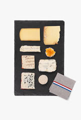 French culture, French cuisine variety. Haute gastronomy. Dairy product. Cheese. Roquefort, gorgonzola, mascarpone, goat cheese, sheep and cow. Top view. White background.