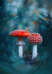 Macro of two red fly agaric mushrooms in a scenery with moody teal background and bokeh. Shallow depth of field, Soft and blurred foreground