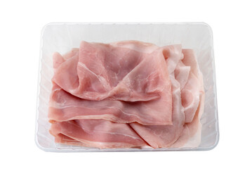 Ham slices in plastic food tray for sale isolated on white, clipping path