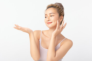 Happy beautiful asian woman showing empty copy space on the open hand. Asian girl beauty face skincare and health wellness, Facial treatment, Isolated on white background.